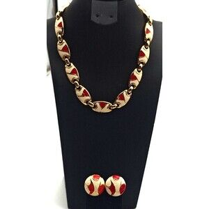Vtg Park Lane Aloha 16" Goldtone Red White Enamel Necklace and Earring Set